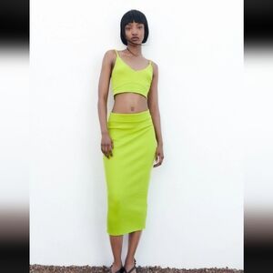 NWT Zara Green Ribbed Knit Midi Pencil Skirt S & Crop Top M Matching Set